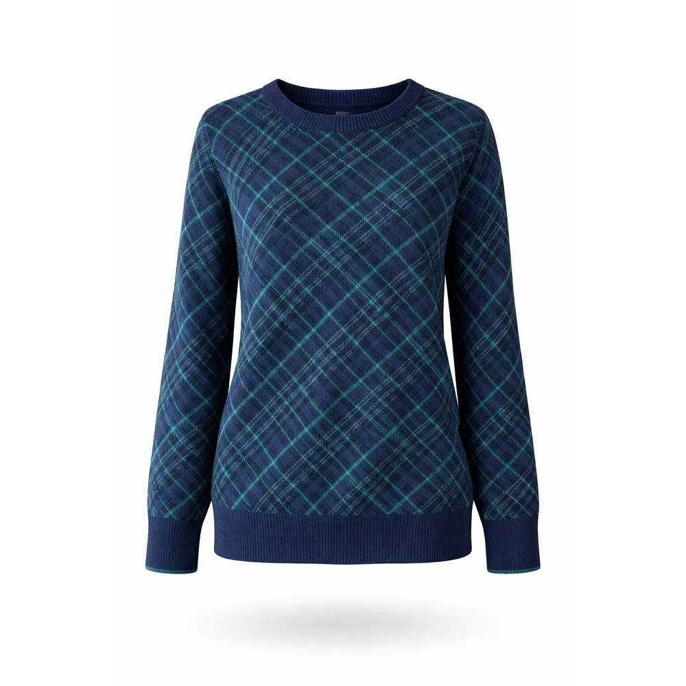 Lands' End Blue and Green Plaid Tartan Windowpane Sweater Medium Preppy‎ 10-12